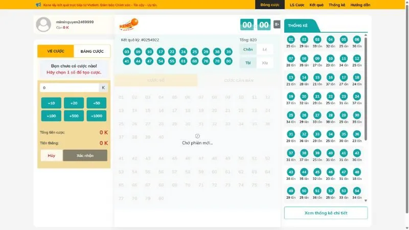 Giao diện chơi Keno thiết kế đẹp, chuyên nghiệp